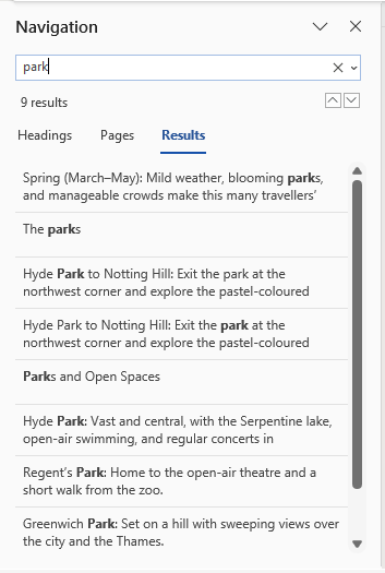 Navigation pane find search results under Results tab